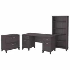 Bush Furniture Somerset 60W Office Desk With Lateral File Cabinet And 5 Shelf Bookcase In Storm Gray