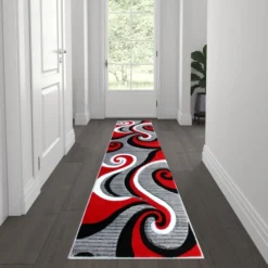 Athos Collection 2' X 7' Red Abstract Area Rug - Olefin Rug With Jute Backing - Hallway, Entryway, Or Bedroom