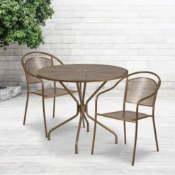 Oia Commercial Grade 35.25" Round Gold Indoor-Outdoor Steel Patio Table Set With 2 Round Back Chairs
