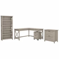 Bush Furniture Key West 60W L Shaped Desk With File Cabinets And 5 Shelf Bookcase In Washed Gray