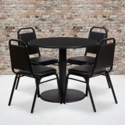Jamie 36'' Round Black Laminate Table Set With Round Base And 4 Black Trapezoidal Back Banquet Chairs
