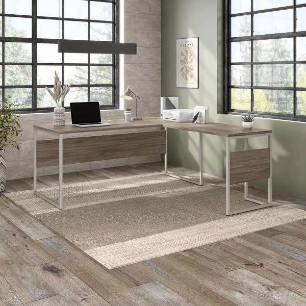Bush Business Furniture Hybrid 72W X 30D L Shaped Table Desk With Metal Legs In Modern Hickory 3 Bush Business Furniture Hybrid 72W X 30D L Shaped Table Desk With Metal Legs In Modern Hickory - Image 3