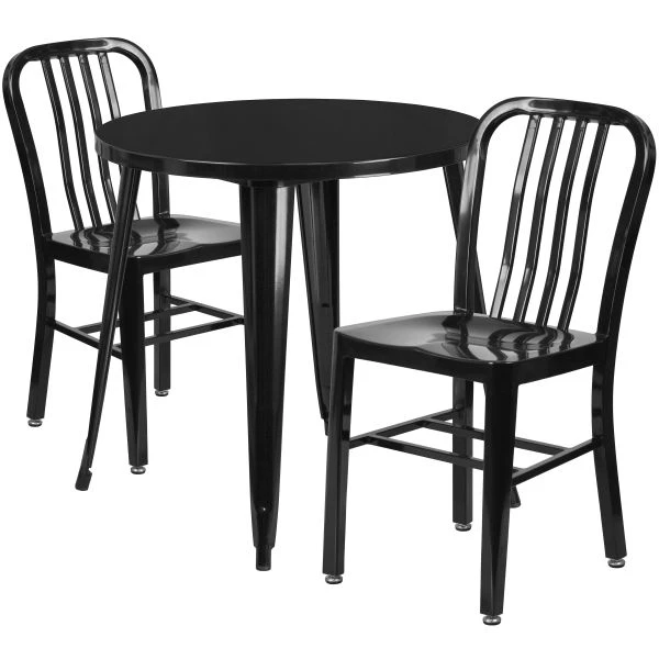 Craig Commercial Grade 30" Round Black Metal Indoor-Outdoor Table Set With 2 Vertical Slat Back Chairs 2 Craig Commercial Grade 30" Round Black Metal Indoor-Outdoor Table Set With 2 Vertical Slat Back Chairs - Image 2