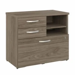 Bush Business Furniture Hybrid Office Storage Cabinet With Drawers And Shelves In Modern Hickory