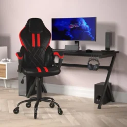 Stone Ergonomic Office Computer Chair - Adjustable Black And Red Designer Gaming Chair - 360° Swivel - Transparent Roller Wheels