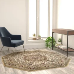 Mersin Collection Persian Style 5x5 Ivory Octagon Area Rug-Olefin Rug With Jute Backing-Hallway, Entryway, Bedroom, Living Room