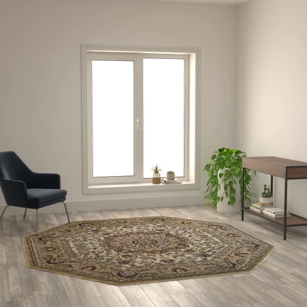 Mersin Collection Persian Style 7x7 Ivory Octagon Area Rug-Olefin Rug With Jute Backing-Hallway, Entryway, Bedroom, Living Room 1 Mersin Collection Persian Style 7x7 Ivory Octagon Area Rug-Olefin Rug With Jute Backing-Hallway, Entryway, Bedroom, Living Room