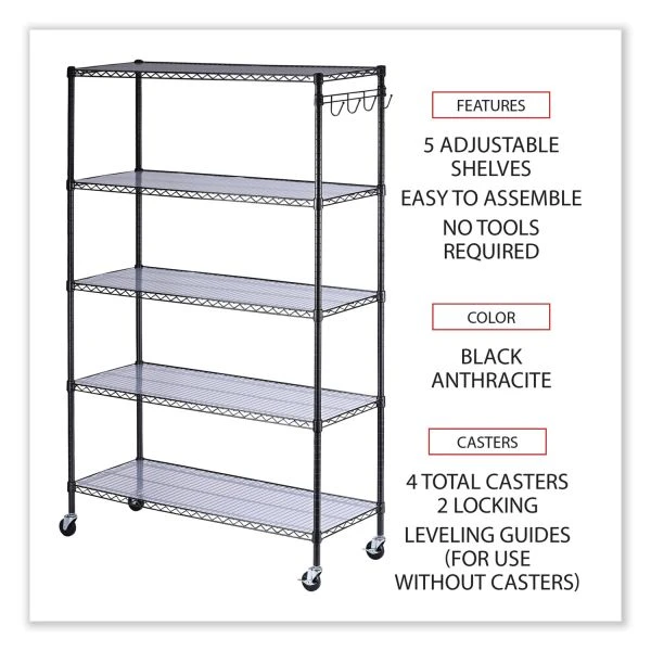 Alera 5-Shelf Wire Shelving Kit With Casters And Shelf Liners, 48w X 18d X 72h, Black Anthracite 2 Alera 5-Shelf Wire Shelving Kit With Casters And Shelf Liners, 48w X 18d X 72h, Black Anthracite - Image 2