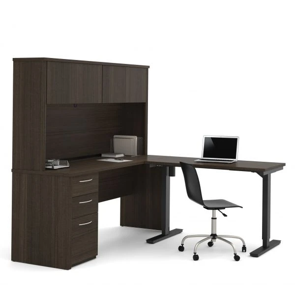 Bestar Embassy L-Desk With Hutch Including Electric Height Adjustable Table In Dark Chocolate 2 Bestar Embassy L-Desk With Hutch Including Electric Height Adjustable Table In Dark Chocolate - Image 2