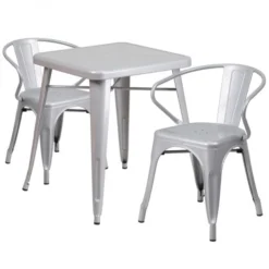 Owen Commercial Grade 23.75" Square Silver Metal Indoor-Outdoor Table Set With 2 Arm Chairs