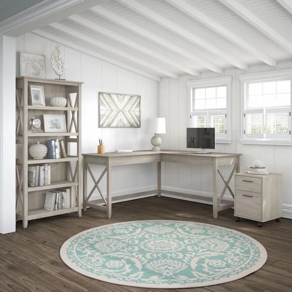 Bush Furniture Key West 60W L Shaped Desk With 2 Drawer Mobile File Cabinet And 5 Shelf Bookcase In Washed Gray 5 Bush Furniture Key West 60W L Shaped Desk With 2 Drawer Mobile File Cabinet And 5 Shelf Bookcase In Washed Gray - Image 5