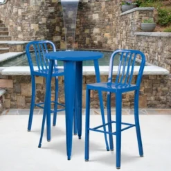Flash Furniture 24'' Round Blue Metal Indoor-Outdoor Bar Table Set With 2 Vertical Slat Back Barstools