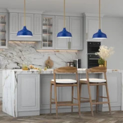 Mackenzie 10.75" Wide Pendant With Metal Shade In Blue/Brass/Blue -office furniture sale 49ebab38b4afd02fe78235bb86df1c7d88