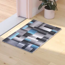 Elio Collection 2' X 3' Blue Color Blocked Area Rug - Olefin Rug With Jute Backing - Entryway, Living Room, Or Bedroom