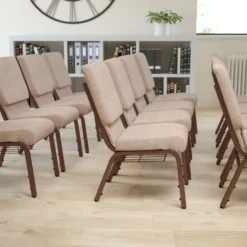 Flash Furniture HERCULES Series 18.5''W Beige Fabric Church Chair With 4.25'' Thick Seat, Book Rack - Copper Vein Frame