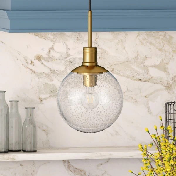 Walker 9" Wide Pendant With Glass Shade In Brass/Seeded 3 Walker 9" Wide Pendant With Glass Shade In Brass/Seeded - Image 3