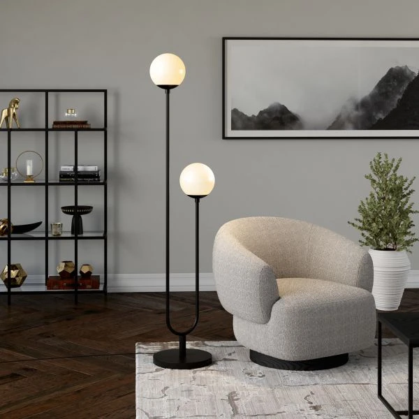Dufrene 2-Light Floor Lamp With Glass Shades In Blackened Bronze/White Milk 4 Dufrene 2-Light Floor Lamp With Glass Shades In Blackened Bronze/White Milk - Image 4