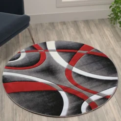 Atlan Collection 4' X 4' Red Round Abstract Area Rug - Olefin Rug With Jute Backing - Entryway, Living Room Or Bedroom