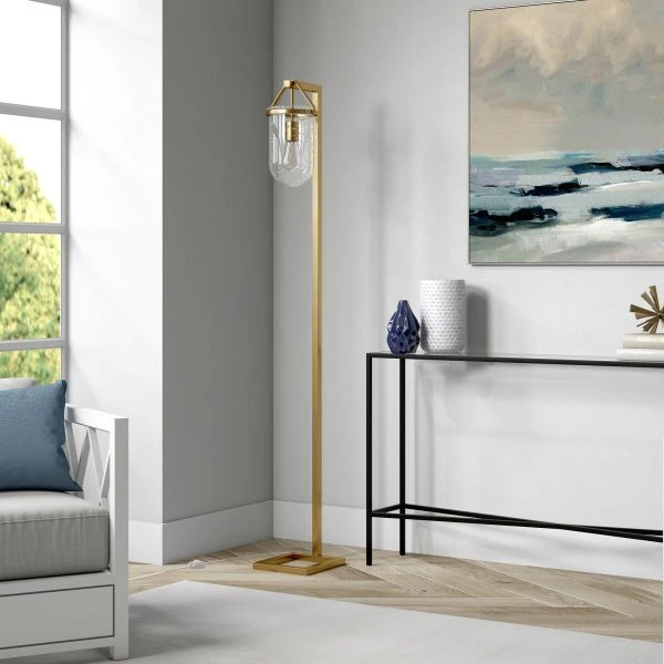 Shiloh 68" Tall Floor Lamp With Glass Shade In Brass/Seeded 3 Shiloh 68" Tall Floor Lamp With Glass Shade In Brass/Seeded - Image 3