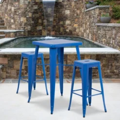 Flash Furniture 23.75'' Square Blue Metal Indoor-Outdoor Bar Table Set With 2 Square Seat Backless Barstools