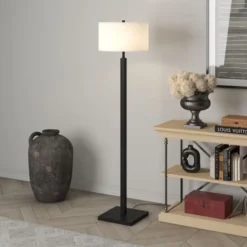 Flaherty 62.32" Tall Floor Lamp With Fabric Shade In Blackened Bronze/White -office furniture sale 4e10309df14ee4b9a8e8134b4f4299b197