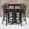 Carlton 30'' Round Mahogany Laminate Table Set With X-Base And 4 Ladder Back Metal Barstools - Black Vinyl Seat