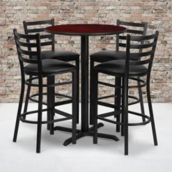Carlton 30'' Round Mahogany Laminate Table Set With X-Base And 4 Ladder Back Metal Barstools - Black Vinyl Seat