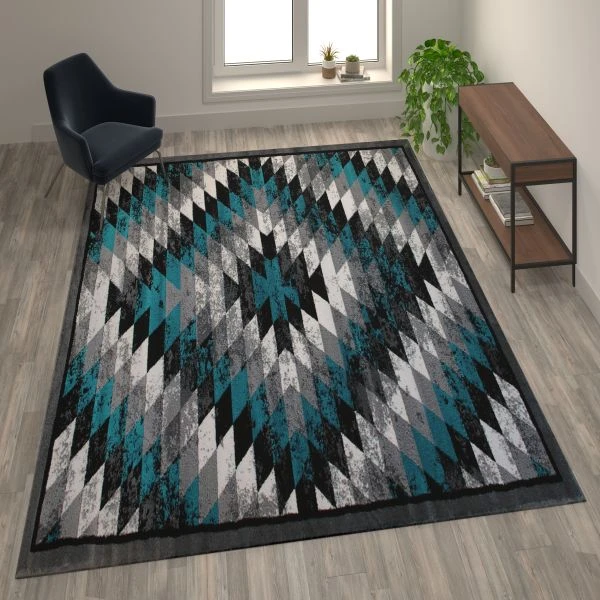 Teagan Collection Southwestern 5' X 7' Turquoise Area Rug - Olefin Rug With Jute Backing - Entryway, Living Room, Bedroom 1 Teagan Collection Southwestern 5' X 7' Turquoise Area Rug - Olefin Rug With Jute Backing - Entryway, Living Room, Bedroom