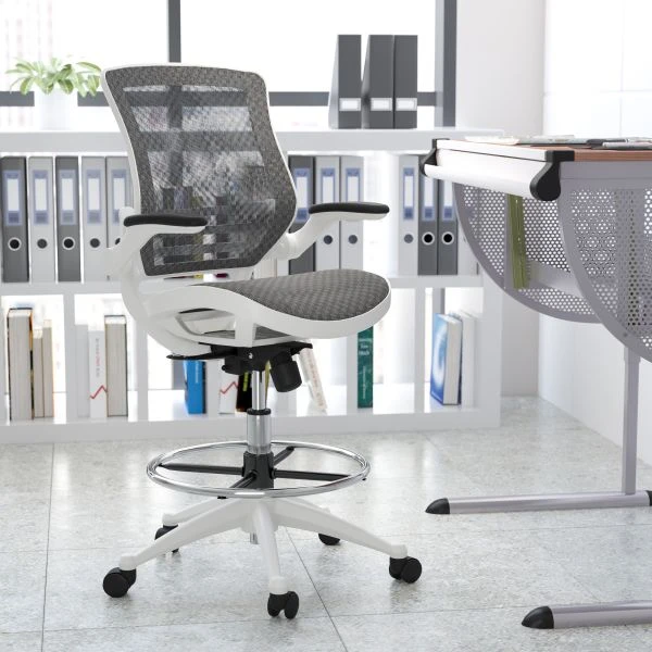 Waylon Mid-Back Transparent Gray Mesh Drafting Chair With White Frame And Flip-Up Arms 1 Waylon Mid-Back Transparent Gray Mesh Drafting Chair With White Frame And Flip-Up Arms