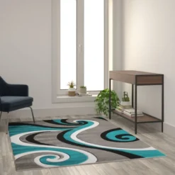 Athos Collection 5' X 7' Turquoise Abstract Area Rug - Olefin Rug With Jute Backing - Hallway, Entryway, Or Bedroom