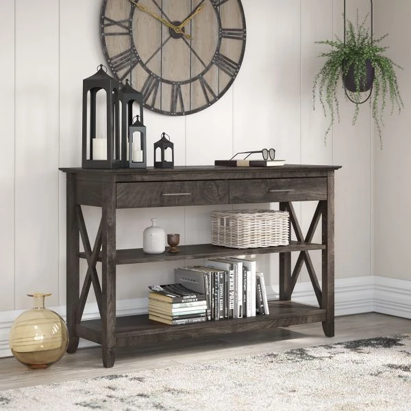Bush Furniture Key West Console Table With Drawers And Shelves In Dark Gray Hickory 2 Bush Furniture Key West Console Table With Drawers And Shelves In Dark Gray Hickory - Image 2