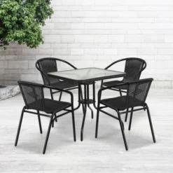 Lila 28'' Square Glass Metal Table With Black Rattan Edging And 4 Black Rattan Stack Chairs