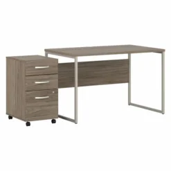 Bush Business Furniture Hybrid 48W X 30D Computer Table Desk With 3 Drawer Mobile File Cabinet In Modern Hickory