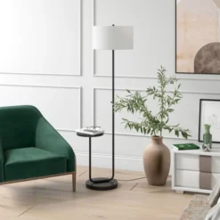 Jacinta Tray Table Floor Lamp With Fabric Shade In Blackened Bronze/White -office furniture sale 53325968fe8971e95bb7f2f88262dbb556