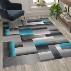 Elio Collection 5' X 7' Turquoise Color Blocked Area Rug - Olefin Rug With Jute Backing - Entryway, Living Room, Or Bedroom
