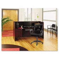 Alera Valencia Series Reception Desk With Transaction Counter, 71" X 35.5" X 29.5" To 42.5", Mahogany -office furniture sale 544e4b86ddb3eb9d84f62187cff3f955aa