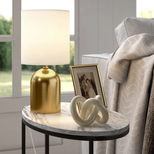 Talbot 13.25" Tall Mini Lamp With Fabric Shade In Brass/White 8 Talbot 13.25" Tall Mini Lamp With Fabric Shade In Brass/White - Image 8