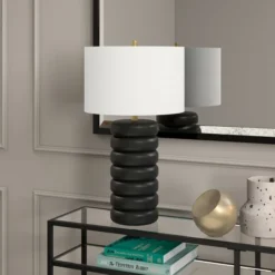 Zelda 25" Tall Ceramic Bubble Body Table Lamp With Fabric Shade In Matte Black/Brass/White -office furniture sale 5538337deb88c47cb7a95d10de6b53555d
