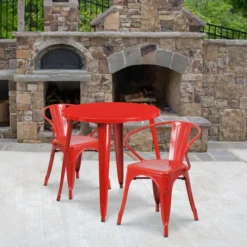 Conrad Commercial Grade 30" Round Red Metal Indoor-Outdoor Table Set With 2 Arm Chairs