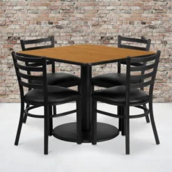Jamie 36'' Square Natural Laminate Table Set With Round Base And 4 Ladder Back Metal Chairs - Black Vinyl Seat