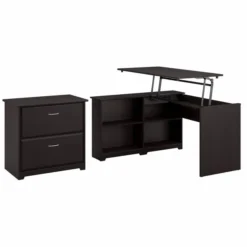 Bush Furniture Cabot 52W 3 Position Sit To Stand Corner Bookshelf Desk With Lateral File Cabinet In Espresso Oak