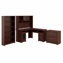 Bush Furniture Cabot L Shaped Desk With Hutch, Lateral File Cabinet And 5 Shelf Bookcase In Harvest Cherry