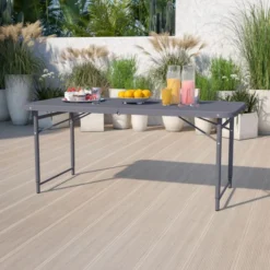 Mills 4-Foot Height Adjustable Bi-Fold Dark Gray Plastic Folding Table With Carrying Handle