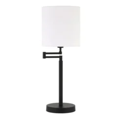 Moby 25.5" Tall Swing Arm Table Lamp With Fabric Drum Shade In Blackened Bronze/White