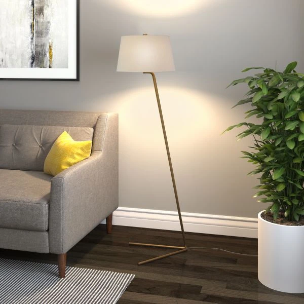 Markos Tilted Floor Lamp With Fabric Shade In Brass/White 2 Markos Tilted Floor Lamp With Fabric Shade In Brass/White - Image 2