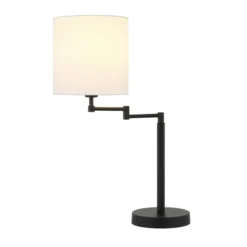 Moby 25.5" Tall Swing Arm Table Lamp With Fabric Drum Shade In Blackened Bronze/White -office furniture sale 59efd1b2bf7af3c0d7d1fdad48a9f93d7c