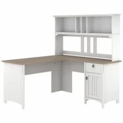 Bush Furniture Salinas 60W L Shaped Desk With Hutch In Pure White And Shiplap Gray