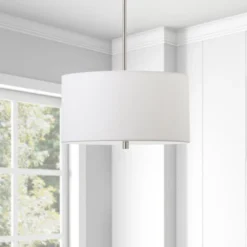 Ellis 16" Wide Pendant With Fabric Shade In Brushed Nickel /White -office furniture sale 5cd0472433ea906048a906d8de8da9c6ef