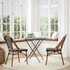 Bordeaux Indoor/Outdoor Commercial French Bistro Stacking Chair, Black And White PE Rattan Back And Seat, Bamboo Print Aluminum Frame In Natural