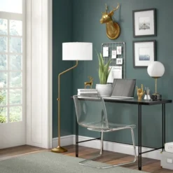 Callum Height-Adjustable Floor Lamp With Fabric Shade In Brushed Brass/White -office furniture sale 5e7c20c2a37ad55134c10577478f10950c